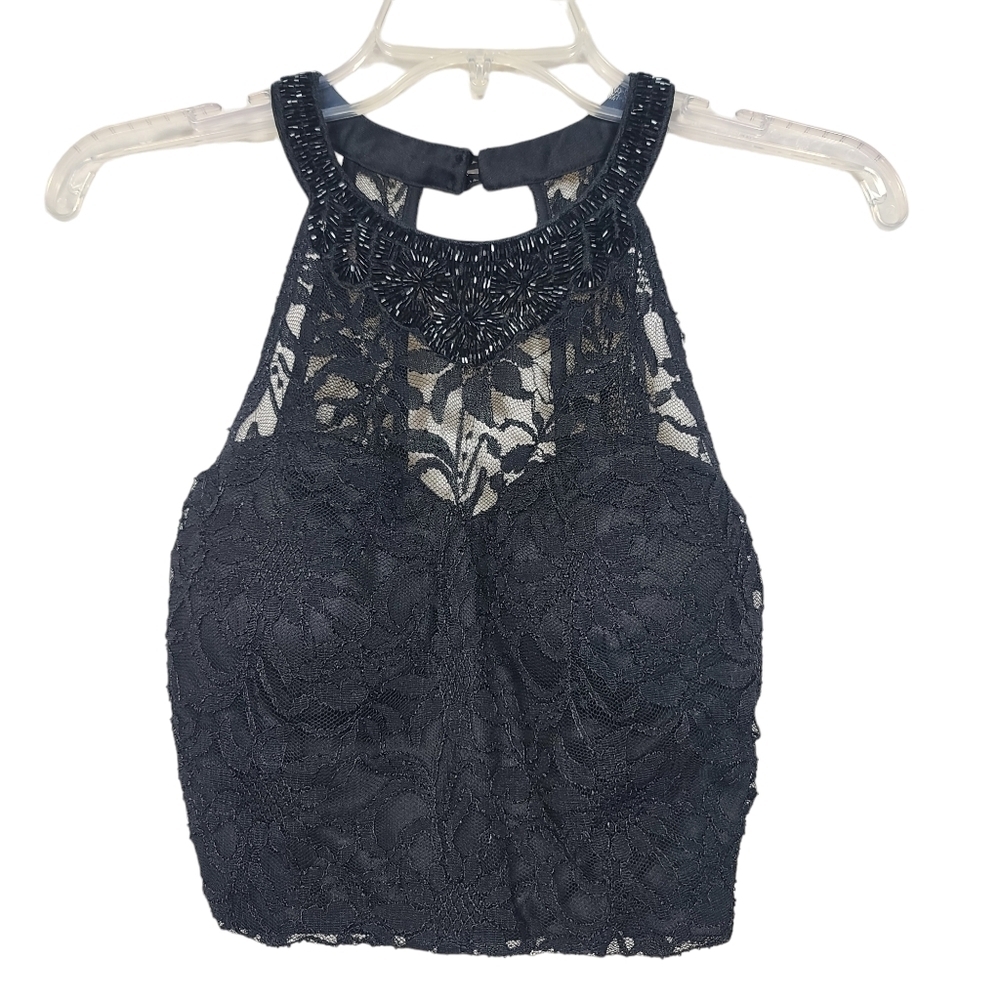 As U Wish Black Sheer Lace Beaded Neckline Back Cut Out Side Zip Top S - Picture 3 of 8